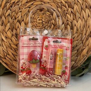 🆕 Strawberry Shortcake Lip Gloss and Balm Set With Clear Bag